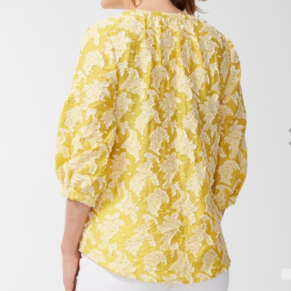 Lemon yellow Jacquard 3D white floral peasant tunic tassel v-neck 3/4 sleeve - Picture 4 of 11